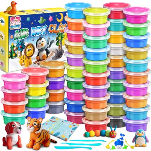 Pate a Modeler - 52 Couleurs Argile Autodurcissante Pâte à Modeler Magique pour Enfants, Cadeau pour Garçons et Filles âgés de 3 à 12 Ans