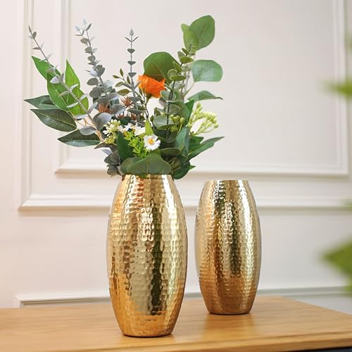 Image of BEHOMA Metal Hammered Golden Vase Set of - Set of 2 | Hammered Metal flower vase in Golden - for fresh or artificial flower displays for living room - great wedding gift
