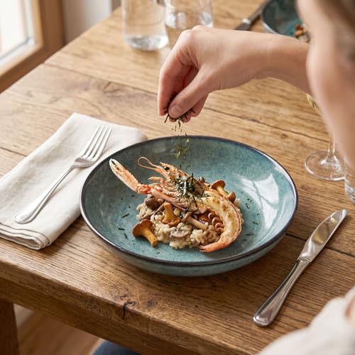 Image of Ceramic cutlery set, 16 pieces, 4-serving, modern style, includes salad plate and cereal bowl, microwave and dishwasher safe, misty green.
