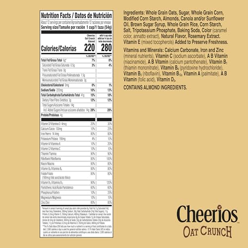 Cheerios Oat Crunch Almond Breakfast Cereal, Made with Whole Grain, Family Size, 24 oz image 2