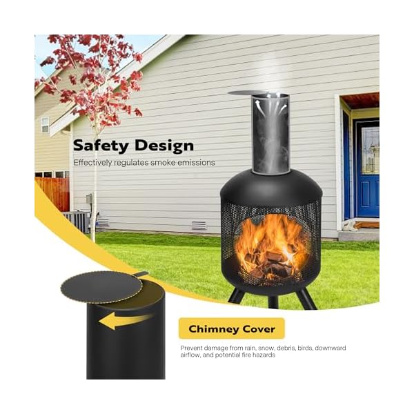 VIVOHOME 46 Inch Chiminea Outdoor Fireplace, Cold-Rolled Steel Wood Burning Fire Pit with Mesh Design, Top Chimney Cover, and Fire Poker Ideal for The Patio, Garden, and Backyard Black - Image 7