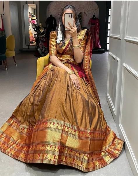 Image of RENVAANI Women's Traditional Kanjivaram Kanchipuram Silk Unstitched Lehenga Choli with Dupatta (MUSTARD MAROON)