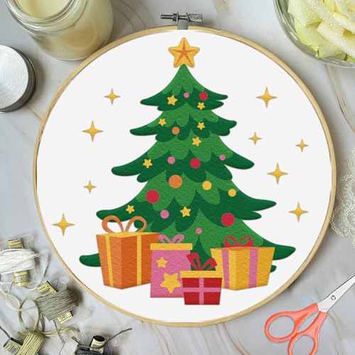 Image of FREEBLOSS 4 Set 20cm Christmas Tree Embroidery Kit Cross Stitch Kit with Stamped Christmas Pattern Embroidery Kit for Beginners Instructions Included Embroidery Starter Kit for Adults