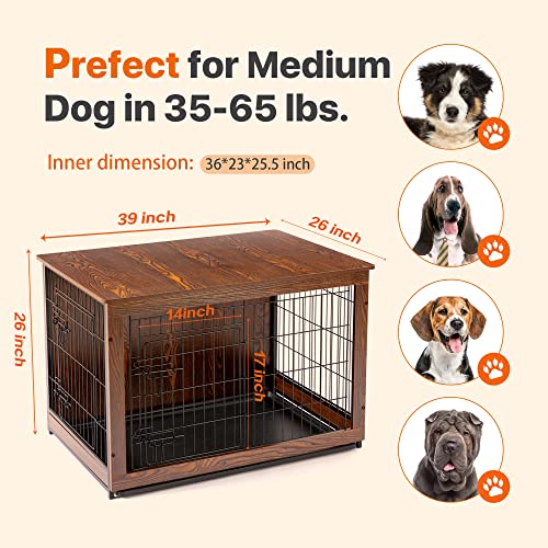 Megidok Wooden Dog Crate Furniture End Table, Double Doors Dog Crate With Slide Tray, Dog Kennels Indoor Side Table, Easy Installation, With ​Detachable Top Cover Rustic Style- 39* 26* 26 In #TOP5