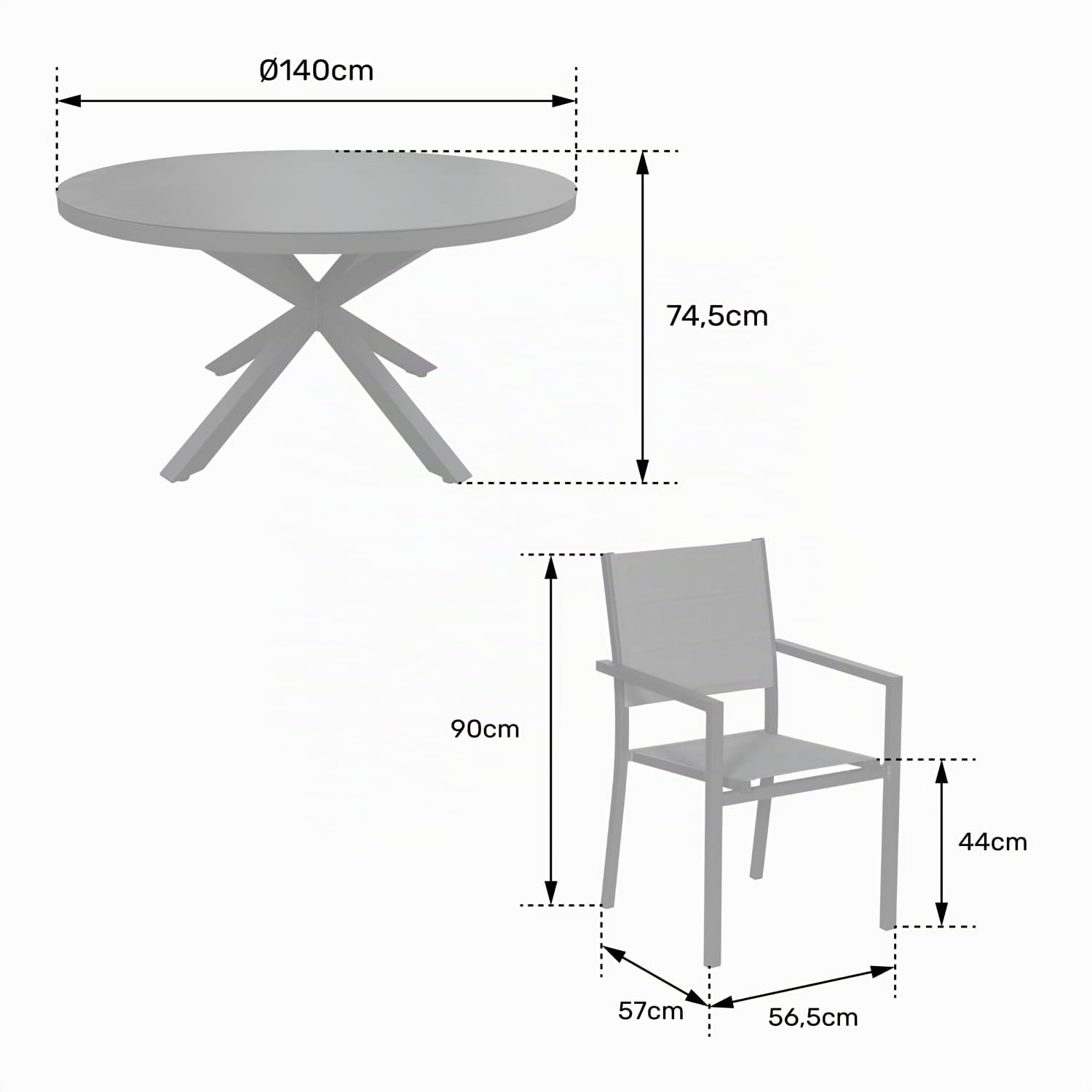 Happy Garden Salon de Jardin GIALOVA 6 Places en textilène Gris – Table Ronde Ø 140 cm – Structure Aluminium Anthracite