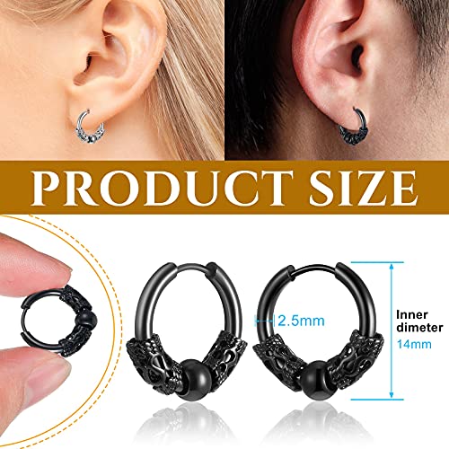 Junkin 4 Pairs 14mm Men Hoop Earrings Huggie Hinged Hoop Earrings Stainless Steel Circle Beads Earrings for Men Women, Black, Silver2