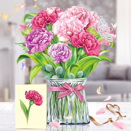 Airpark Mom Gifts for Grandma Pink Carnation Paper Flower Bouquet Pop Up Cards Greeting Cards with Note Card & Envelope Birthday Day Card for Mom