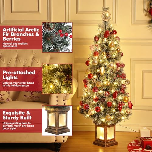 GAOMON 4.5ft Christmas Tree Pre-Lit Artificial Christmas Tree with Lighting Potted Base, Holiday Xmas Tree with 100 Warm White LED Lights Red Berries, Festival Decoration for Home, Entrances