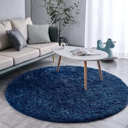 Image of Premium Antiskid Shaggy Carpet /Rug Plain Fur Rectangular Rugs,Soft Microfiber for Bedroom,Living Room,Kids Room,Hall etc (Navy, 4X4 FEET Round)