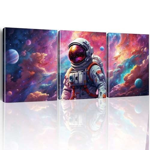 Outer Space Room Decor Astronaut Wall Art Canvas Prints Framed Artwork Space Themed Bedroom Playroom Nursery Decorations, Teen Boy Girl Room Decor, 3 Panels