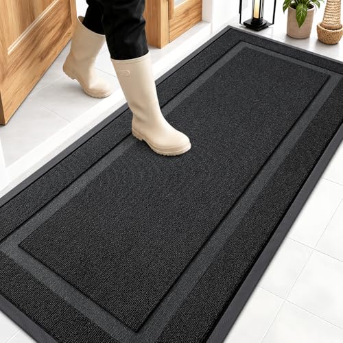 Image of OLANLY Front Door Mat Indoor Outdoor Entrance, Waterproof All-Season, All-Weather Doormat, Sturdy Natural Rubber, Low Profile, Easy Clean Patio Porch Entryway Mat, 59x23, Jet Black