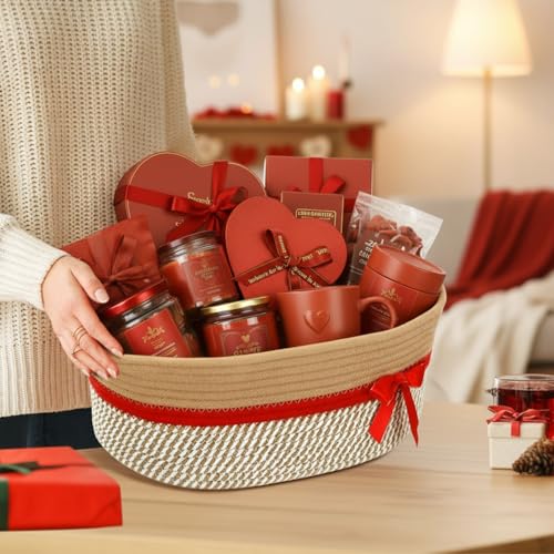 Image of Colingmill 1 Set Woven Basket for Gift Empty with Cellophane Wrap Set 14 x 10 x 5.5 Inch, Medium Decorative Gift Basket Empty to Fill, Cotton Rope Storage Box Decor (Brown Red)