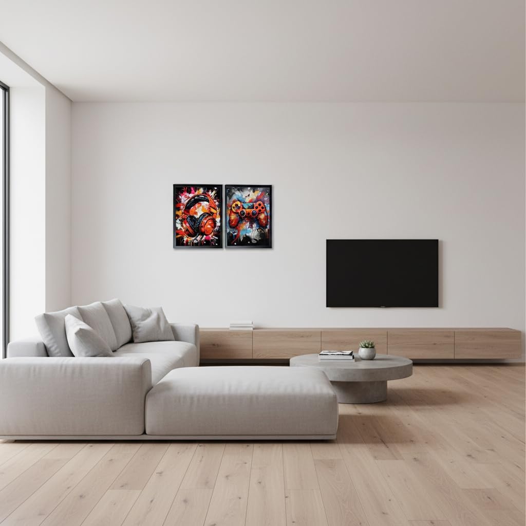 Gaming Wall Art Set of 2 Framed, Colorful Game Controller and Headset Wooden Frame Canvas Prints, Ready to Hang Gamer Wall Decor for Bedroom Game Room Living Room, 16x12 Inch