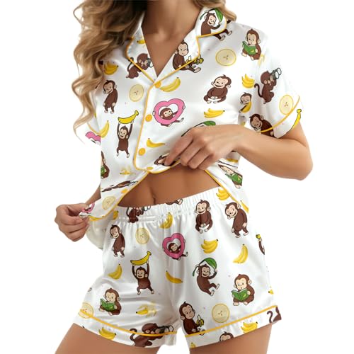 Image of Women 2 Pcs Short Satin Pajama Set Printed Silky Soft Loungewear | Luxurious silk-feel satin; comfortable relaxed fit for sleep & lounge; elastic waistband shorts; gift, easy care