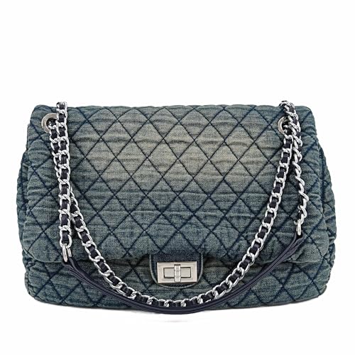 Image of M-ioi-M Quilted Denim Purse, Shoulder Bag for Women, Crossbody Flap Tote Bag,Silver Chain Hobo Bag, Vintage Washed Jean Purse