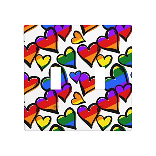 Placa de pared de interruptor doble con corazones del orgullo gay de colores del arco iris, placa de interruptor/cubierta de salida decorativa, tamaño estándar de 4.72 x 4.72 pulgadas