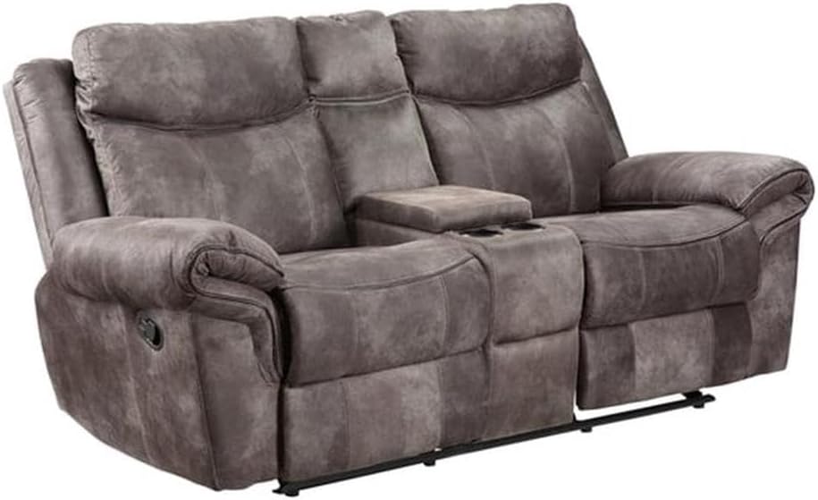 Pemberly Row Transitional Glider Recliner Console Loveseat, Gray Faux Suede, Manual Recline, Storage Console, Padded Arms, Engineered Hardwood Frame, Comfortable Seating for Living Room or Family Room