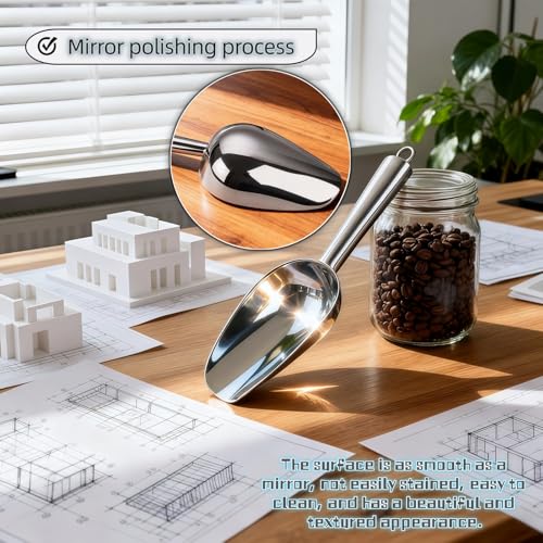 6 oz Stainless Steel Ice Scoop - Heavy Duty, Commercial Grade Kitchen & Bar Scoop for Ice Maker, Bucket, Pet Food, Coffee, Flour, Sugar, Grain - Mirror Polished, Built-in Hook