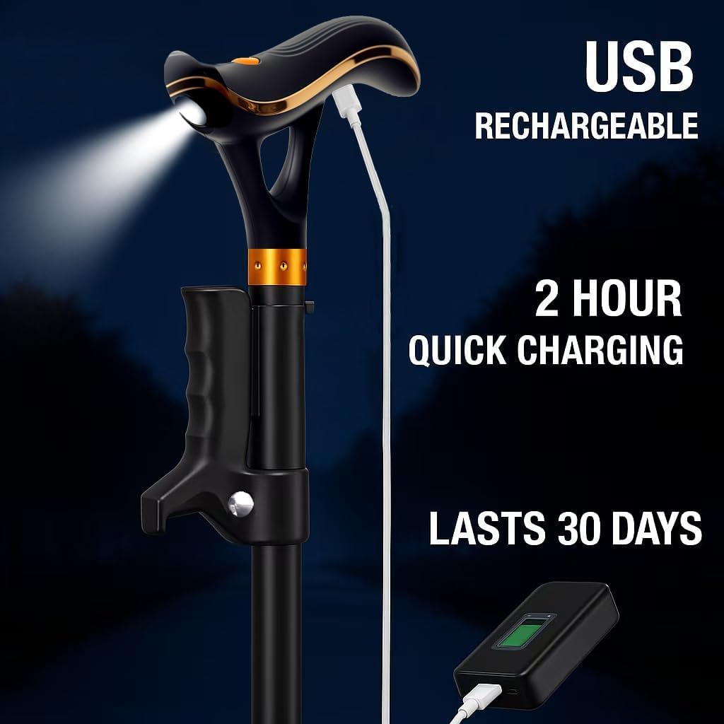 Smart Walking Cane for Men & Women with LED Light & Emergency Alarm, Foldable Adjustable Walking Stick, USB-C Rechargeable, Dual Handle Heavy Duty Mobility Aid for Seniors