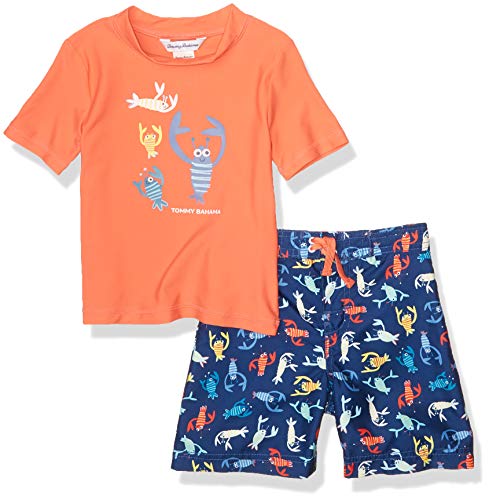 Tommy Bahama Boys' Rashguard and Trunks Swimsuit Set, Orange Lobsters, 2T