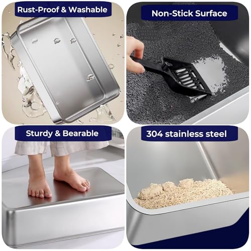 Image of 2 pack Stainless Steel Cat Litter Box with High Sides - Metal Cat Pan, Large Indoor Litter Tray, Never Absorbs Odor, Pet Toilet Supplies Smooth Surface for Kitten, Kitty, Rabbit 17.5 inch13.5 inchx6 inch