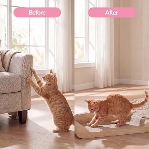 Image of Montego 27.5 inch Cardboard Cat Scratcher Lounge Bed, Corrugated Sofa Scratching Pad with Catnip, Oak Wood Finish Furniture Protector for Large Cats CSR1004C