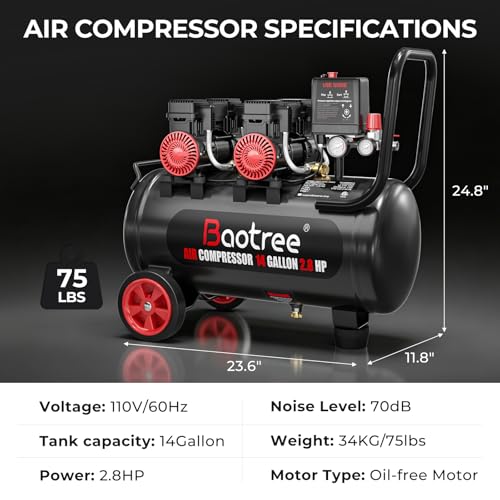 Image of 14 Gallon Ultra Quiet Air Compressor with Two Quick Couplers, 2.8HP MAX 115PSI Oil-Free Air Compressor Steel Tanks, 70dB Air Compressor with Wheels for Spray Painting, Auto Repair, Woodwork Nailing