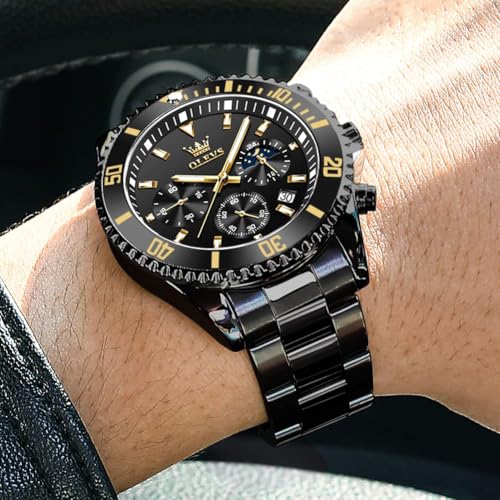 Image of OLEVS Watch for Men Stainless Steel Analog Quartz Chronograph Moon Phase Watch Waterproof Date Luminous Wrist Male Watches,Gift for Men