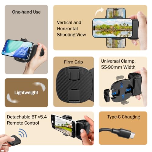 Image of pTron MHR1 Phone Clip Camera Grip Handle w /Detachable BTv5.4 Remote Shutter, 55-90mm Clamping Range, Shoot Videos, Take Snaps, Stable & Firm Grip, Compatible with iOS & Android Devices (Black)