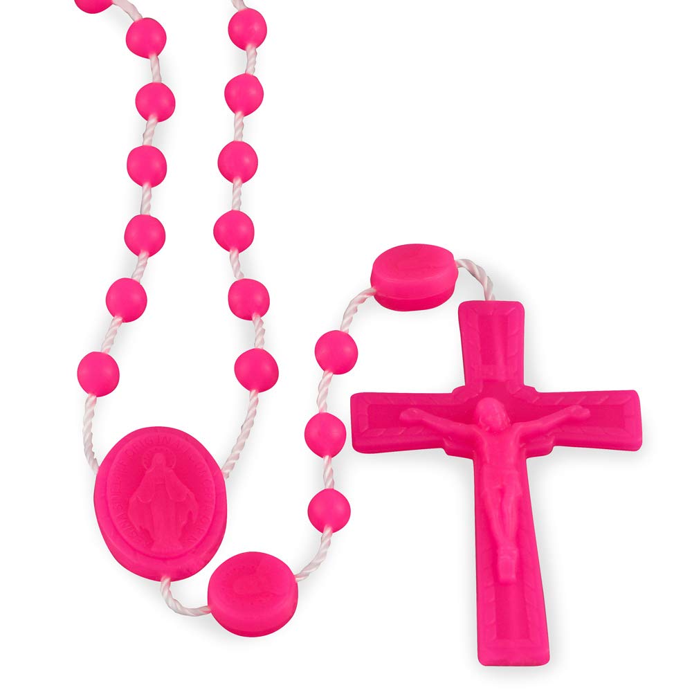 Miraculous Medal Plastic Rosary Beads Neon Pink Bulk Pack 100