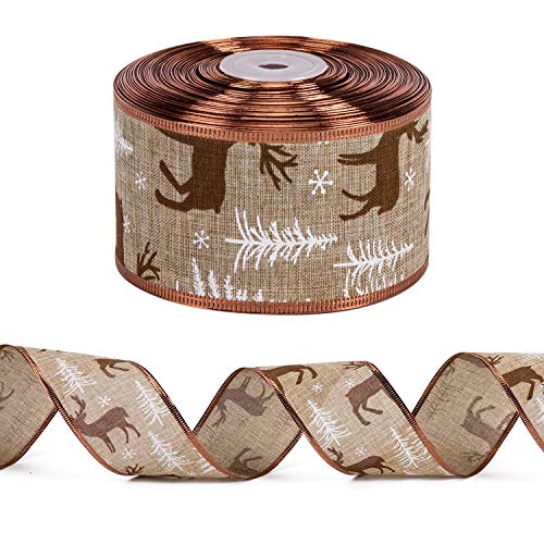 LaRibbons Wired Christmas Holiday Ribbon - Burlap Ribbon with Wired Edge - 2.5 inch x 25 Yard Each Roll - Elk and Snowflake