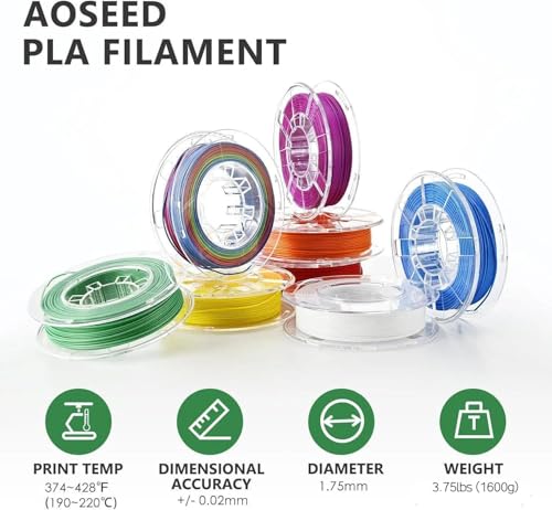 Image of AOSEED 3D Printer Filament Bundle, 1.75mm (±0.03mm) PLA Filament Set for Most 3D Printers, 8-Pack 200g (0.44lbs) Per Spool, Purple, Green, Blue, Yellow, White, Iridescent, Red, Orange
