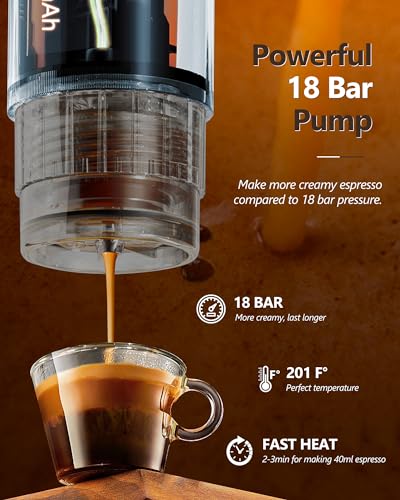 CONQUECO Portable Espresso Machine Travel: 12v Car Coffee Maker for Camping - Small Electric - 2.5 Mins Heating - 8 Cups Espresso for One Charge