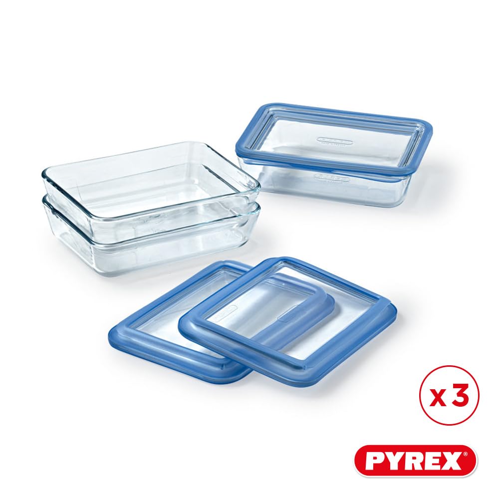 Set di 3 contenitori per alimenti con coperchio - PYREX - Plastica Zero - Vetro - Rettangolari - 0,8 L