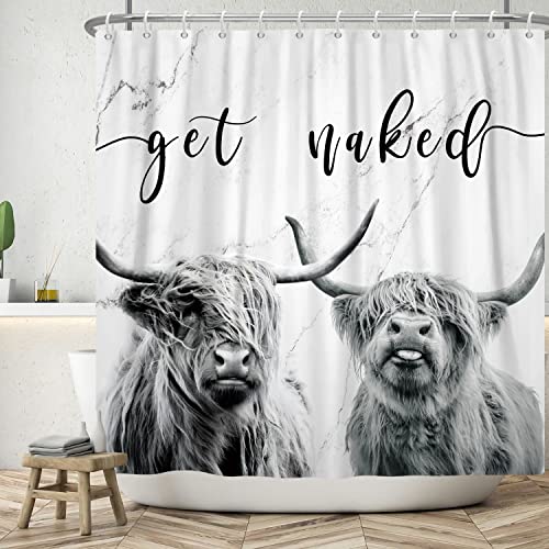 Lfeey Funny Highland Cow Print Shower Curtain Farmhouse Animal Wildlife Bull On Modern Grey Marble Western Get Naked Shower Curtains 72X72 Inch Waterproof Polyester Fabric #TOP2