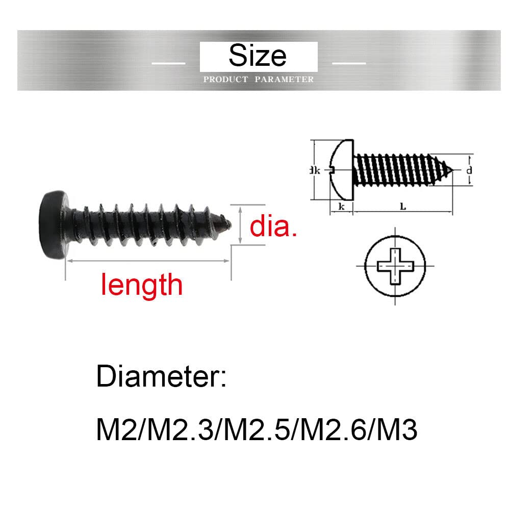 M2 M2.3 M2.5 M3 M4 Black Steel Phillips Pan Head Self Tapping Screws for Sheet Metal Automotive and DIY Projects (500,M2.3x7mm)