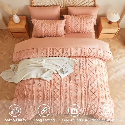 Image of MR&HM Twin XL Comforter Set Coral Pink, 5 Pieces Tufted Boho Beddding Sets, Farmhouse Style Bed in a Bag with 1 Comforter, 1 Pillow Sham, 1 Pillowcase, 1 Flat Sheet, 1 Fitted Sheet for College Dorm