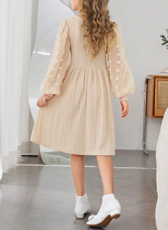 Girls Fall Long Sleeve Knit Dresses Casual Crewneck Swiss Dot A-line Dress 6-15 Years3