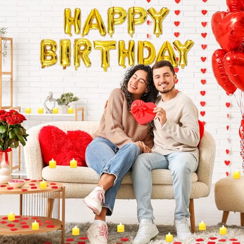 Image of Red and Gold Happy Birthday Balloons Decorations Happy Birthday Letter Balloons Banner with 24pcs Flameless LED Candles and 2000pcs Artificial Rose Petals for Women Men Room Party Decorr