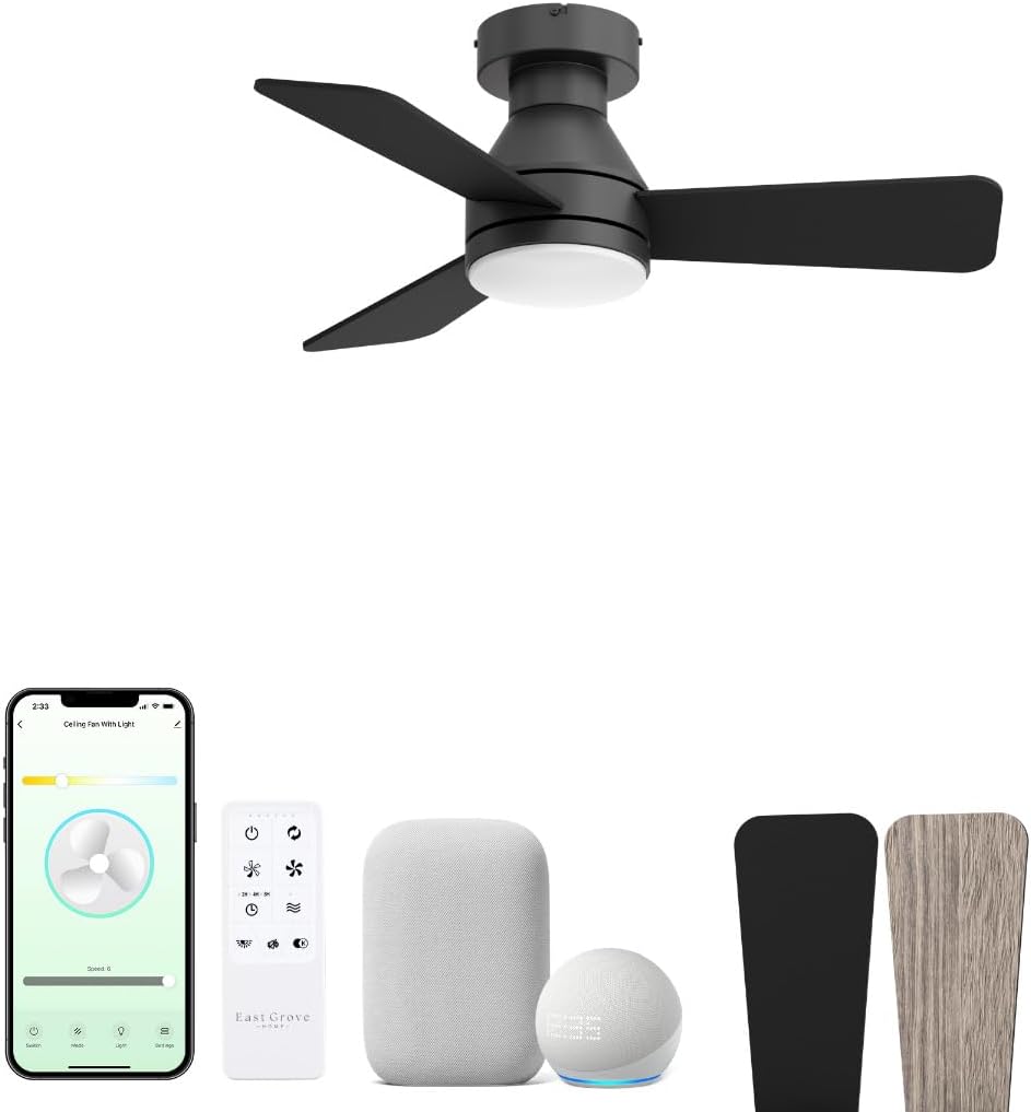 Aero 32in 3-Blade Smart Flush Mount Fan 2700K-6000K CCT Tunable Range LED Light Kit with Remote Control and Black Hardware with Reversible Blades Weathered Wood or Black Works With iOS or Android App