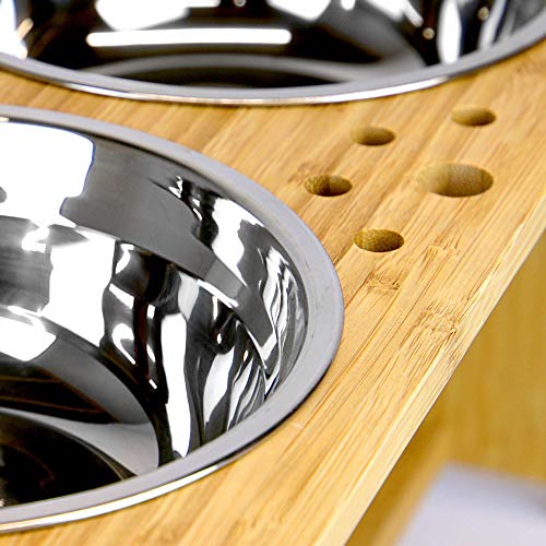Raised Double Pet Bowls | Dog / Cat 2 In 1 Food & Water Metal Bowls | Elevated Bamboo Non-Slip Stand Feeder | M&W (Large) - Image 5