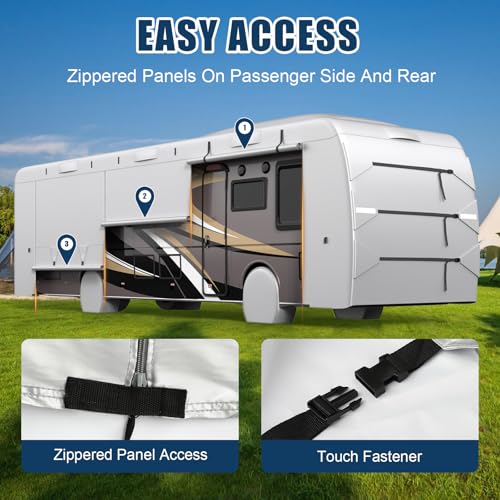 Mofeez Class A RV Covers 31-34 Ft, 420D Oxford Fabric Class A Motorhome Cover, Waterproof Windproof Anti-UV Anti-Tear Motorhome Camper Cover with 2Pcs Extra Straps & 4 Tire Covers - Image 4