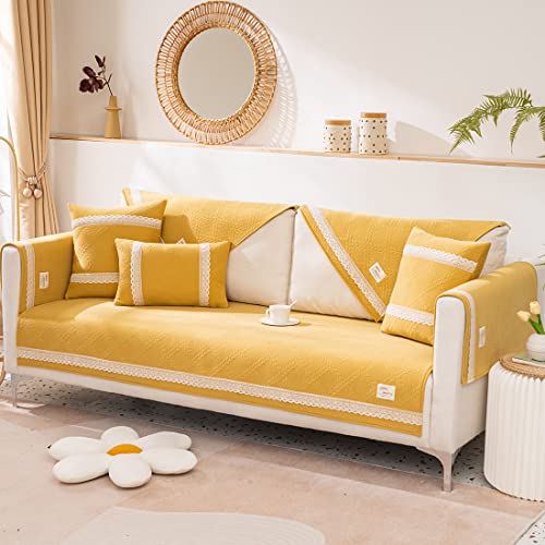 Vctops Solid Color Leaf Pattern Sofa Cover With Lace Edge, Super Soft Sectional Couch Cover, Non Slip Sofa Slipcover For Living Room, Couch Covers For Dogs, Furniture Protector (Yellow,28"X28") #TOP2