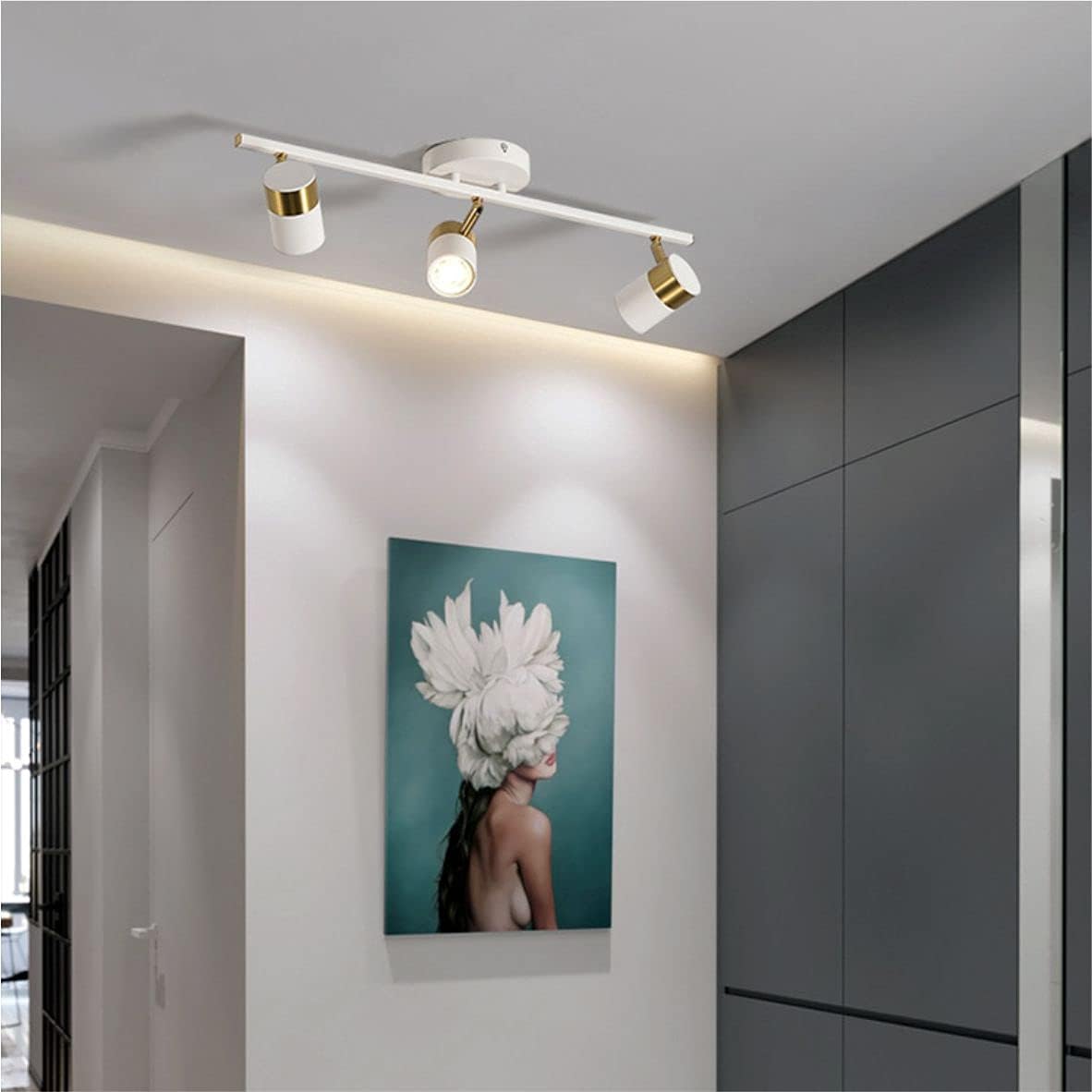 White 3 Lights Track Lighting Fixtures, LED Track Lighting with Rotatable Light Head & GU10 Bulbs, Ceiling Spotlight Fixtures for Farmhouse Garage Basement Shower