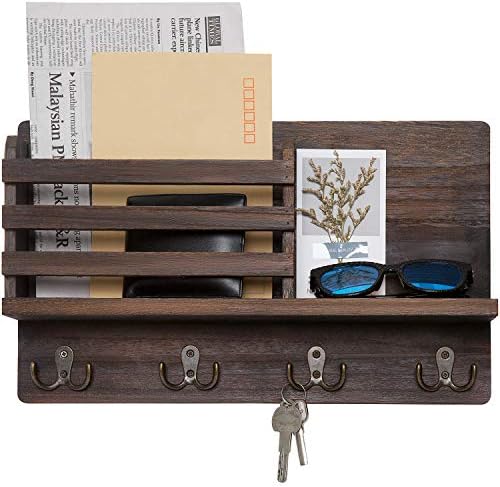 Dahey Wall Mounted Mail Holder Wooden Key Holder Rack Mail Sorter Organizer with 4 Double Key Hooks and A Floating Shelf Rustic Home Decor for Entryway or Mudroom,15.8" W x9.5 Hx2.7 D, Brown