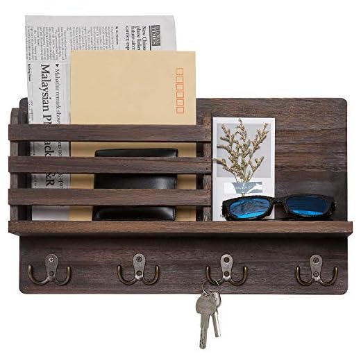 Dahey Wall Mounted Mail Holder Wooden Mail Sorter Organizer with 4 Double Key Hooks and A Floating Shelf Rustic Home Decor for Entryway or Mudroom,Brown