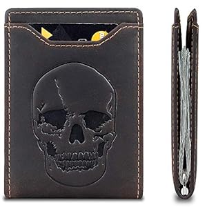 DK86 Men’s Leather Skull Slim Wallet with Money Clip Minimalist Bifold Front Pocket wallet for Men RFID Blocking Full Grain Leather (Coffee Skull)