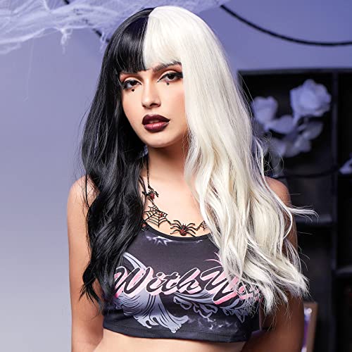 HAIRCUBE Black and White Curly Wigs with Bangs,Long Wave Wigs for Women Natural Synthetic Wigs Cosplay Wigs