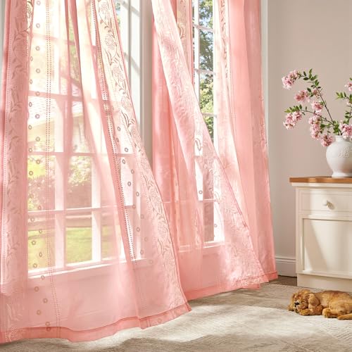 Image of jinchan Winslow Sheer Curtains 96 Inch for Bedroom Living Room Embroidered Bordered Floral Nursery Curtains for Girls Room Light Filtering Window Treatments, Beige on Pink, 2 Panels, 50 inch x 96 inch