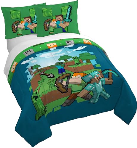 Jay Franco Duvet Cover Set – 3 Piece Comforter Cover and Sham Set, Super Soft Cozy Kids Bedding (Insert Not Included) Blue - Minecraft, Full